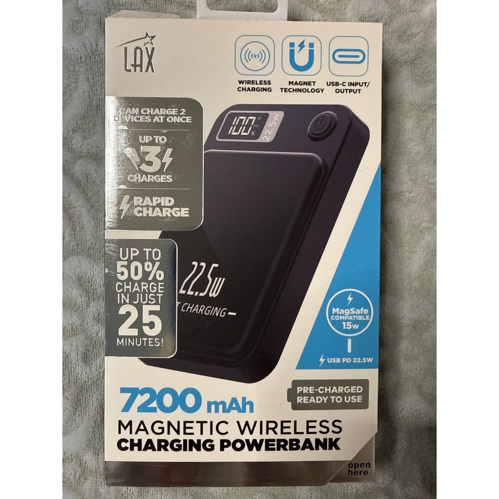 LAX 7200mAh Magnetic Wireless Charging Power Bank 22.5W USB-C PD Black MAGPD22B